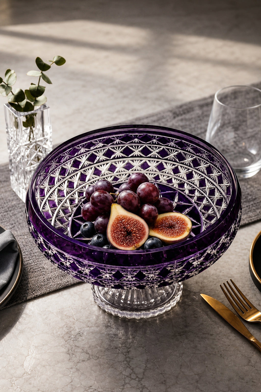 Kristal Sunum Kasesi 28 cm - Ametist Desenli Dekoratif Sofra Kasesi, 1 Adet