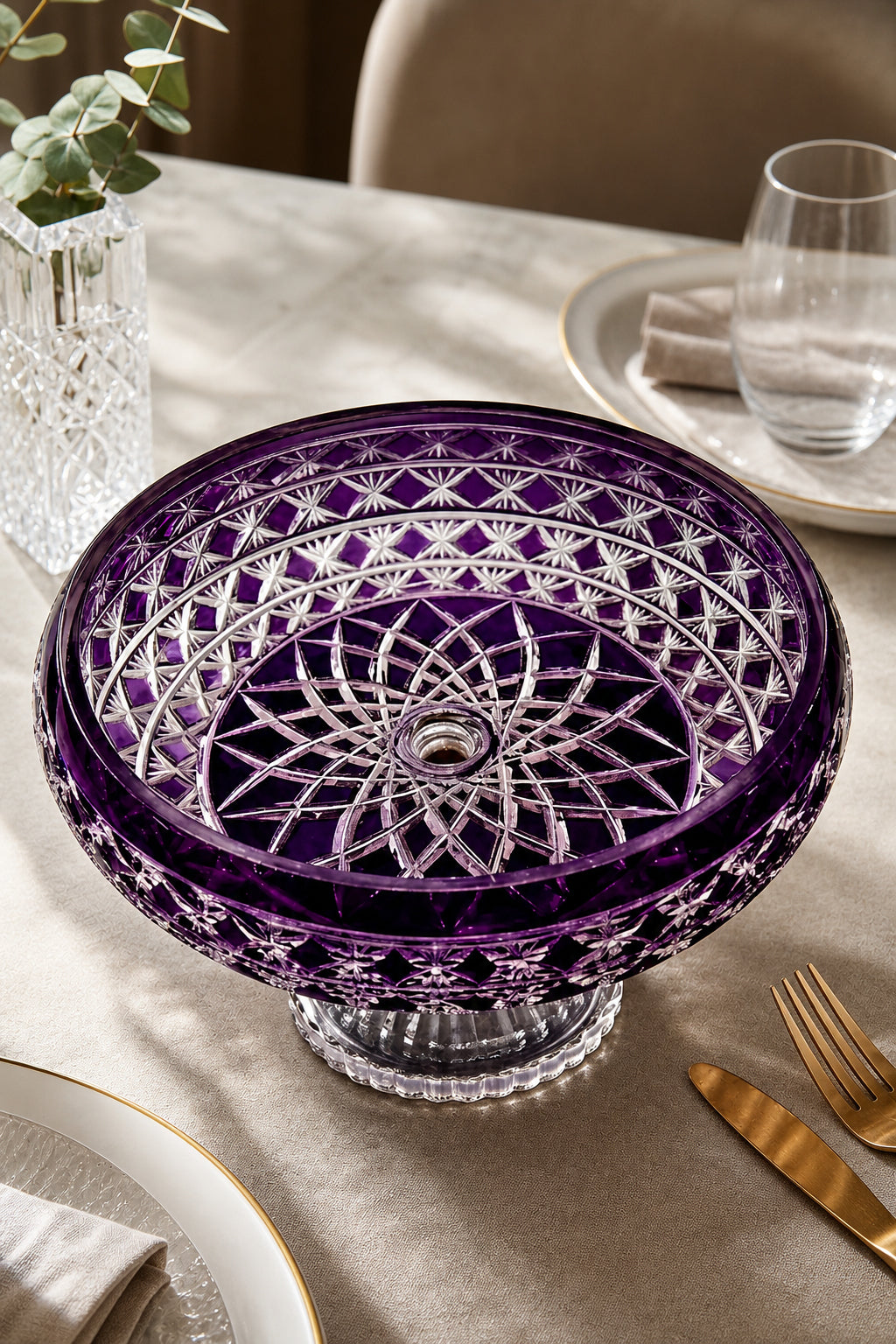 Kristal Sunum Kasesi 28 cm - Ametist Desenli Dekoratif Sofra Kasesi, 1 Adet