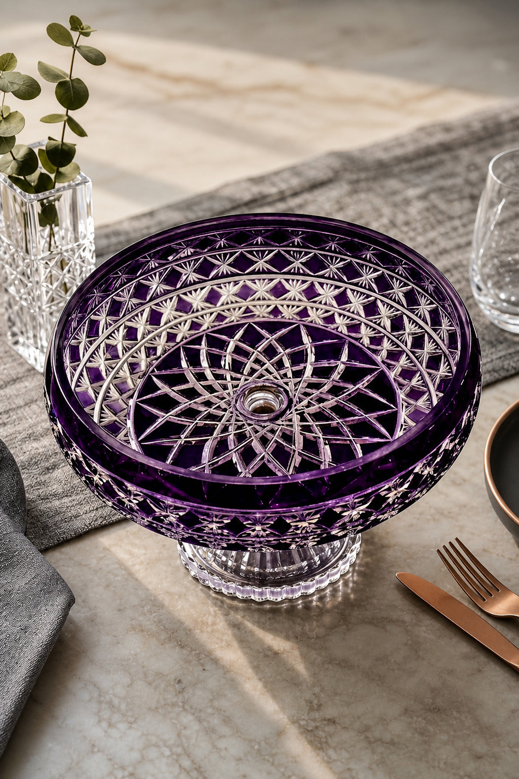 Kristal Sunum Kasesi 28 cm - Ametist Desenli Dekoratif Sofra Kasesi, 1 Adet