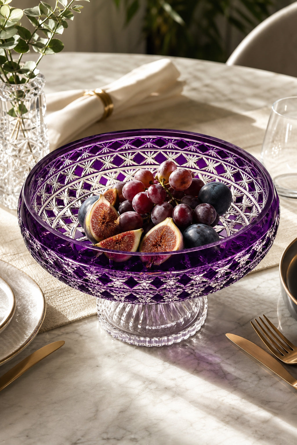 Kristal Sunum Kasesi 28 cm - Ametist Desenli Dekoratif Sofra Kasesi, 1 Adet
