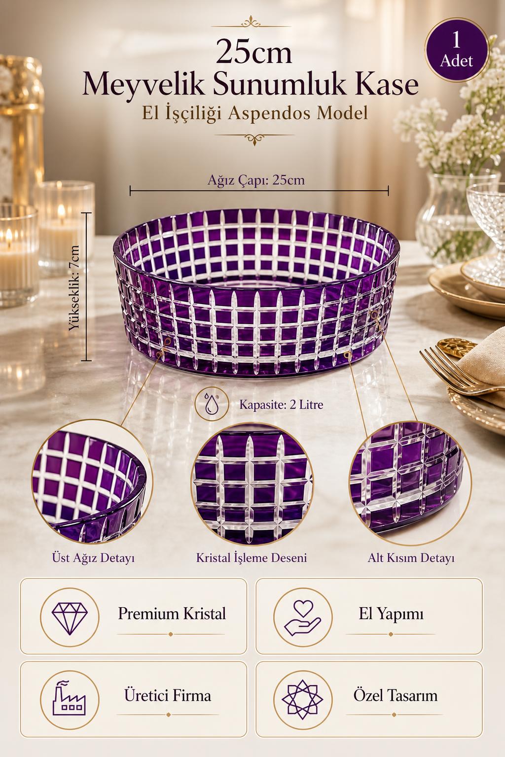 Kristal Meyvelik 25 cm - Aspendos Model Sunumluk Kase, 1 Adet