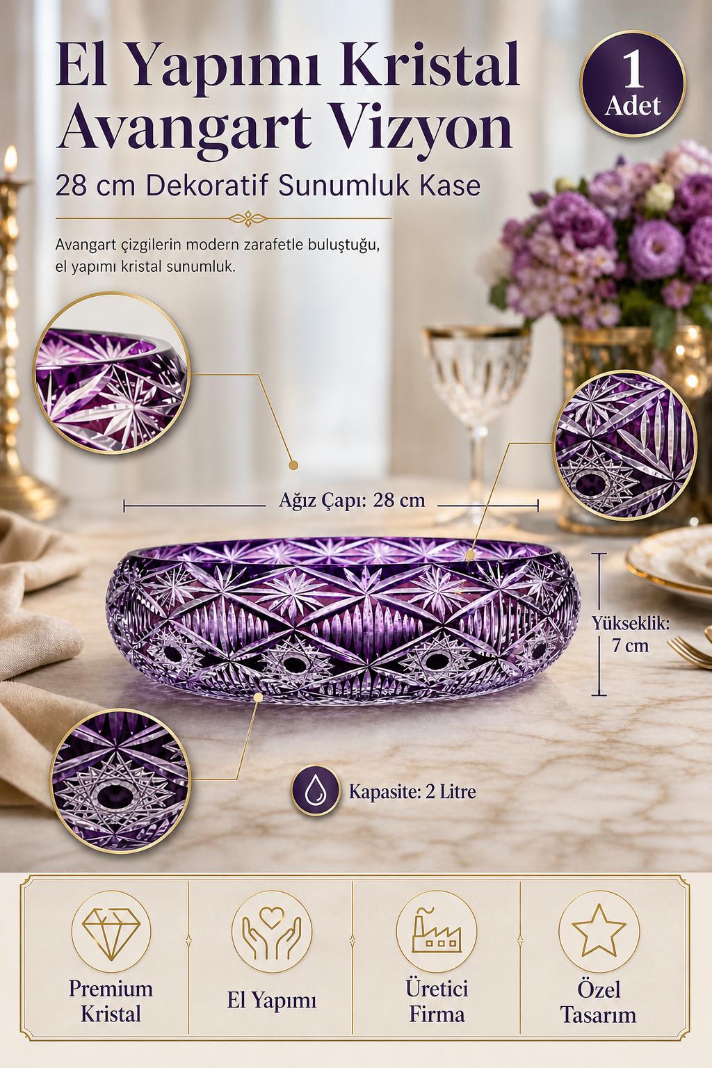 Kristal Sunumluk Kase 28 cm - Avangart Vizyon Dekoratif Sofra Kasesi, 1 Adet