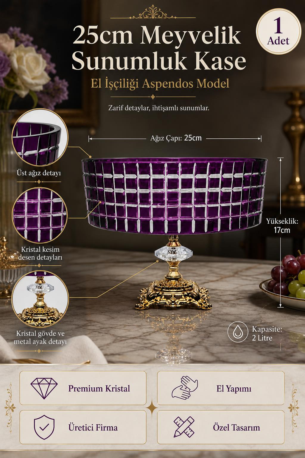 Kristal Meyvelik 25 cm - Aspendos Model Sunumluk Kase, 1 Adet