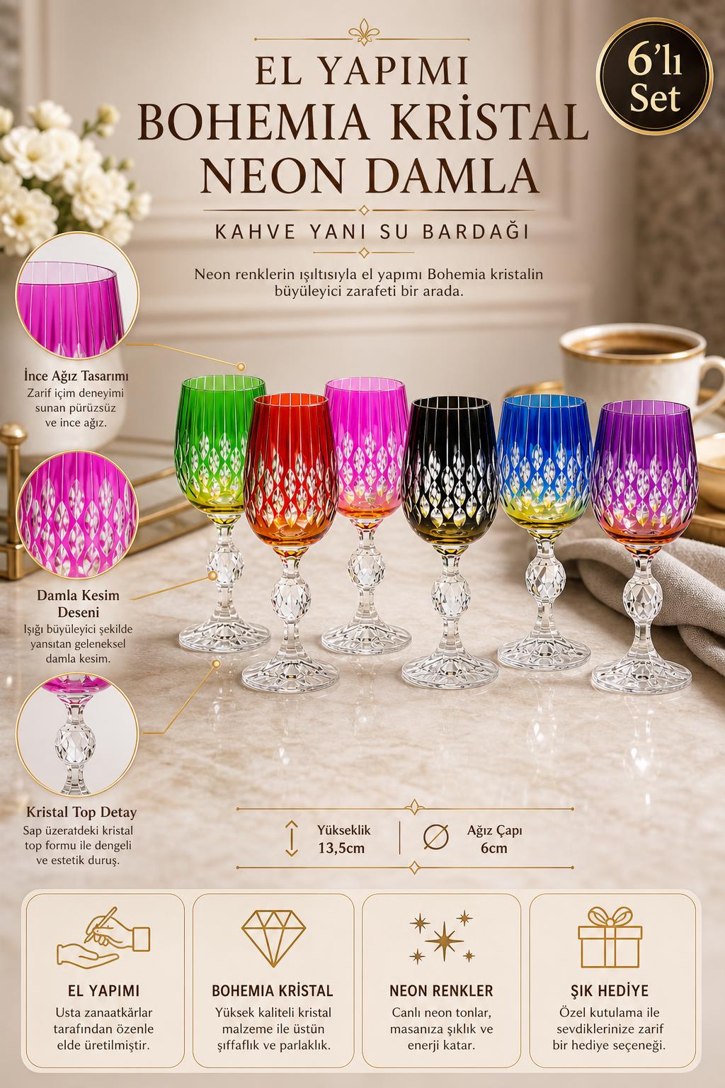 Bohemia Kristal Kahve Yanı Su Bardağı - Neon Damla Desen, 6 Adet