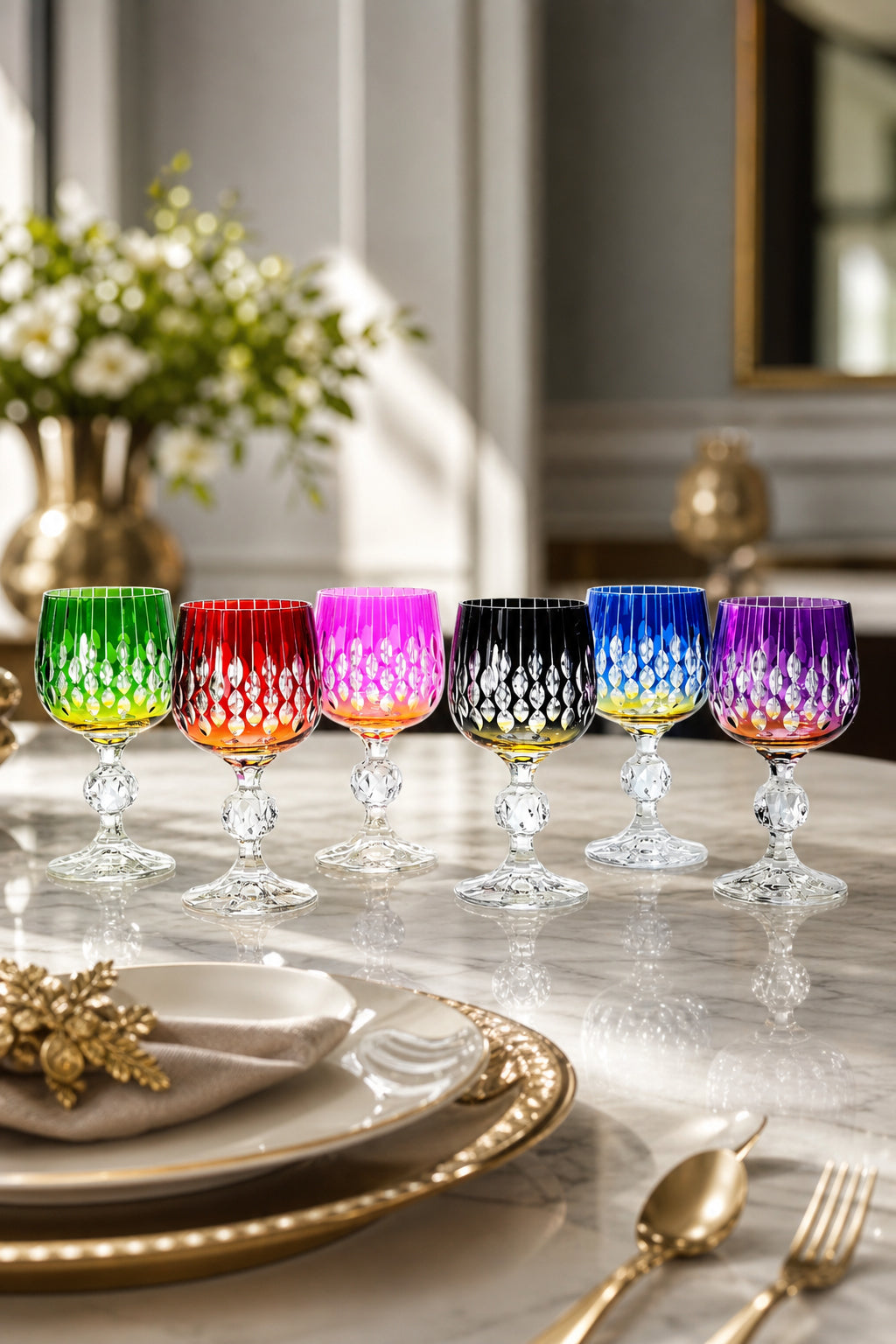 Bohemia Kristal Kahve Yanı Su Bardağı - Neon Damla Desen, 6 Adet