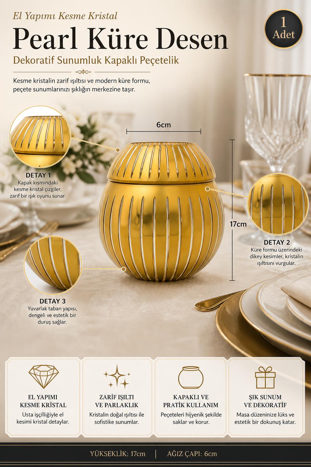 Kesme Kristal Kapaklı Peçetelik - Pearl Küre Desen Dekoratif Sunumluk, 1 Adet
