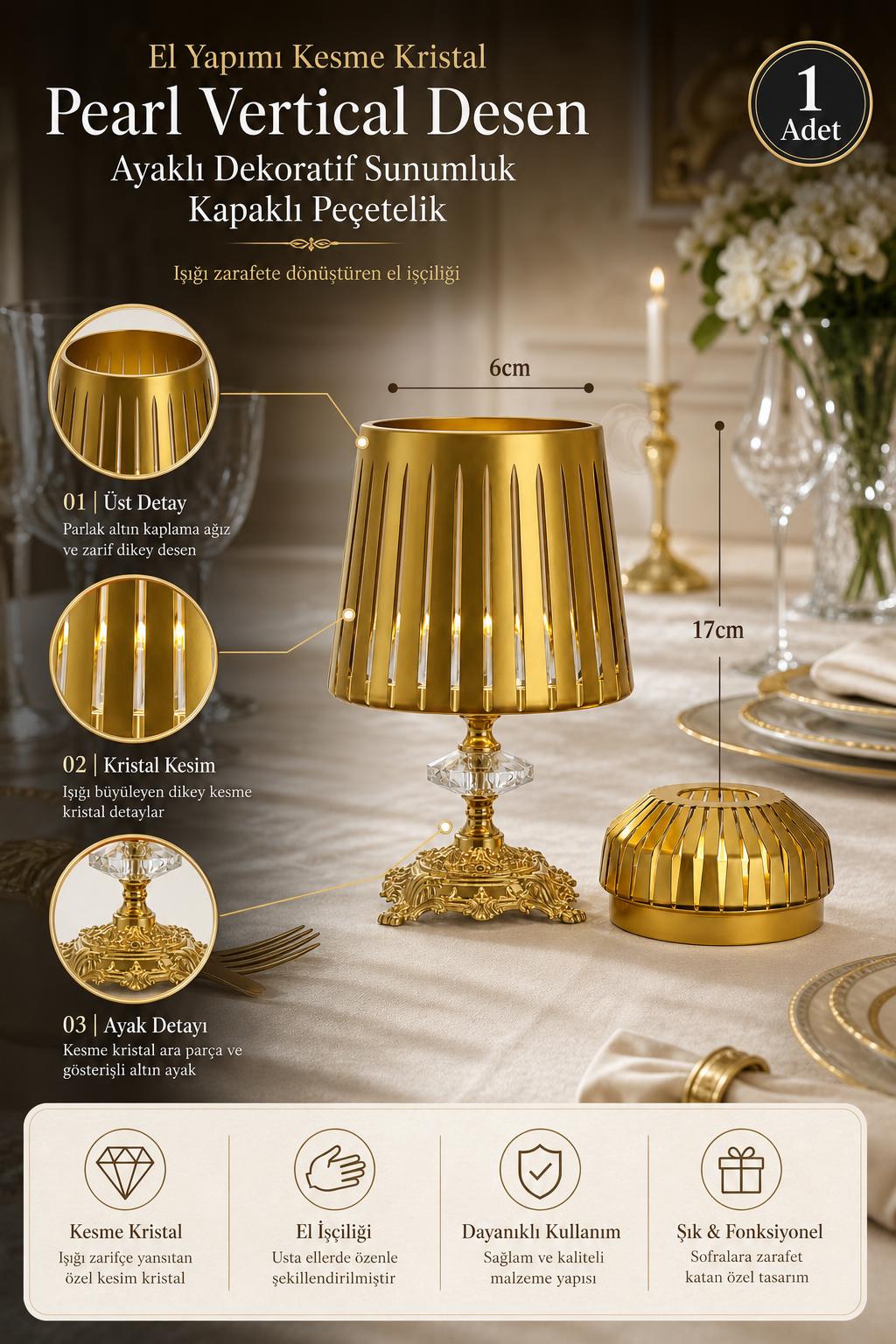 Kesme Kristal Ayaklı Kapaklı Peçetelik - Pearl Vertical Desen Sunumluk, 1 Adet