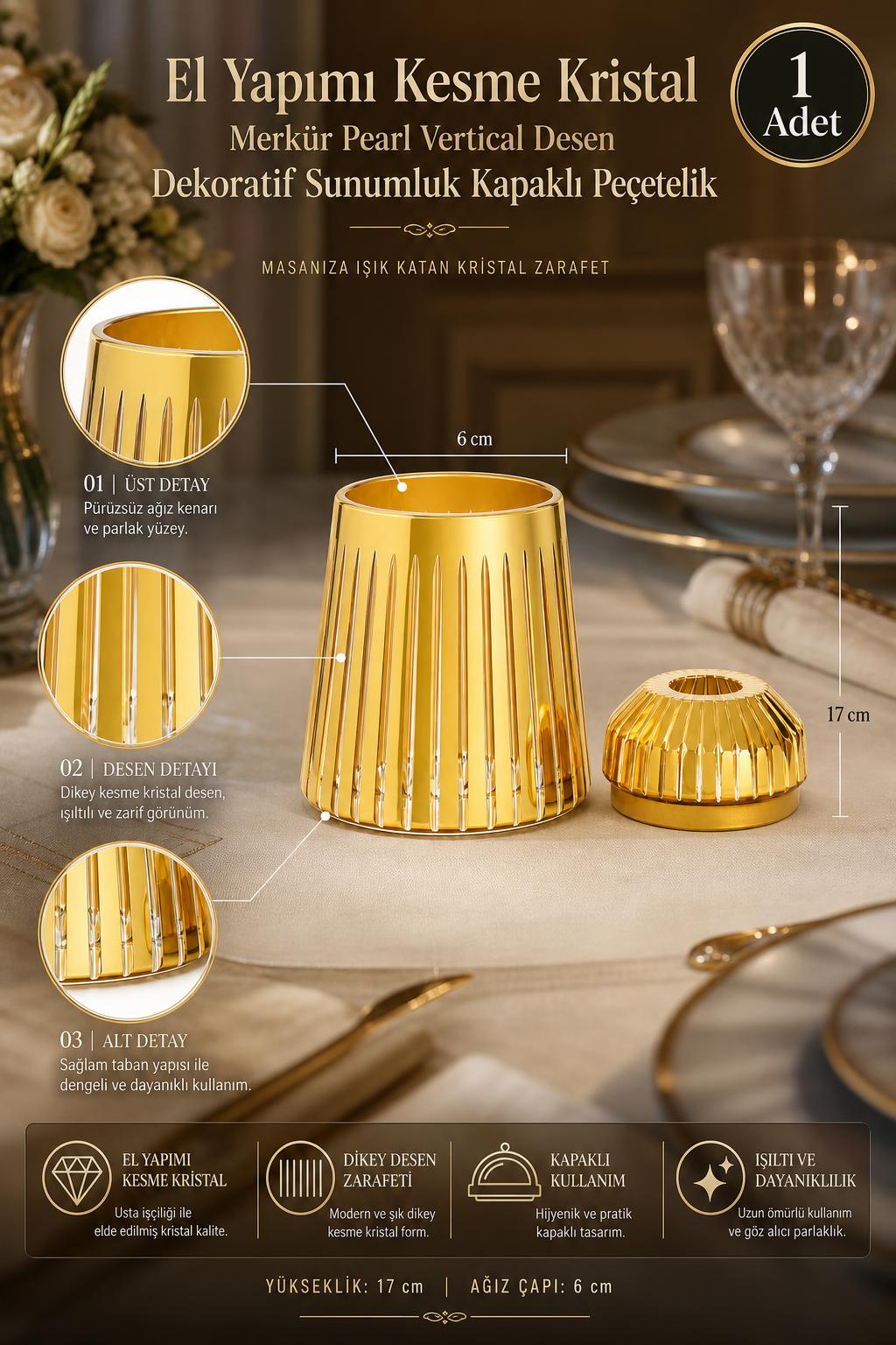 Kesme Kristal Kapaklı Peçetelik - Merkür Pearl Vertical Desen Sunumluk, 1 Adet