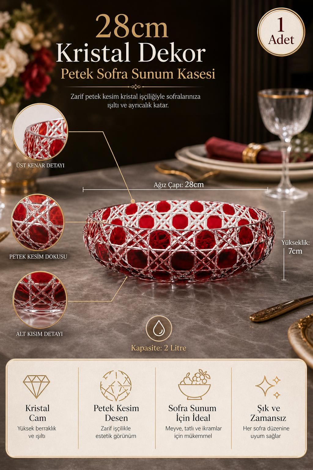 Kristal Sofra Sunum Kasesi 28 cm - Petek Desen Dekoratif Kase, 1 Adet