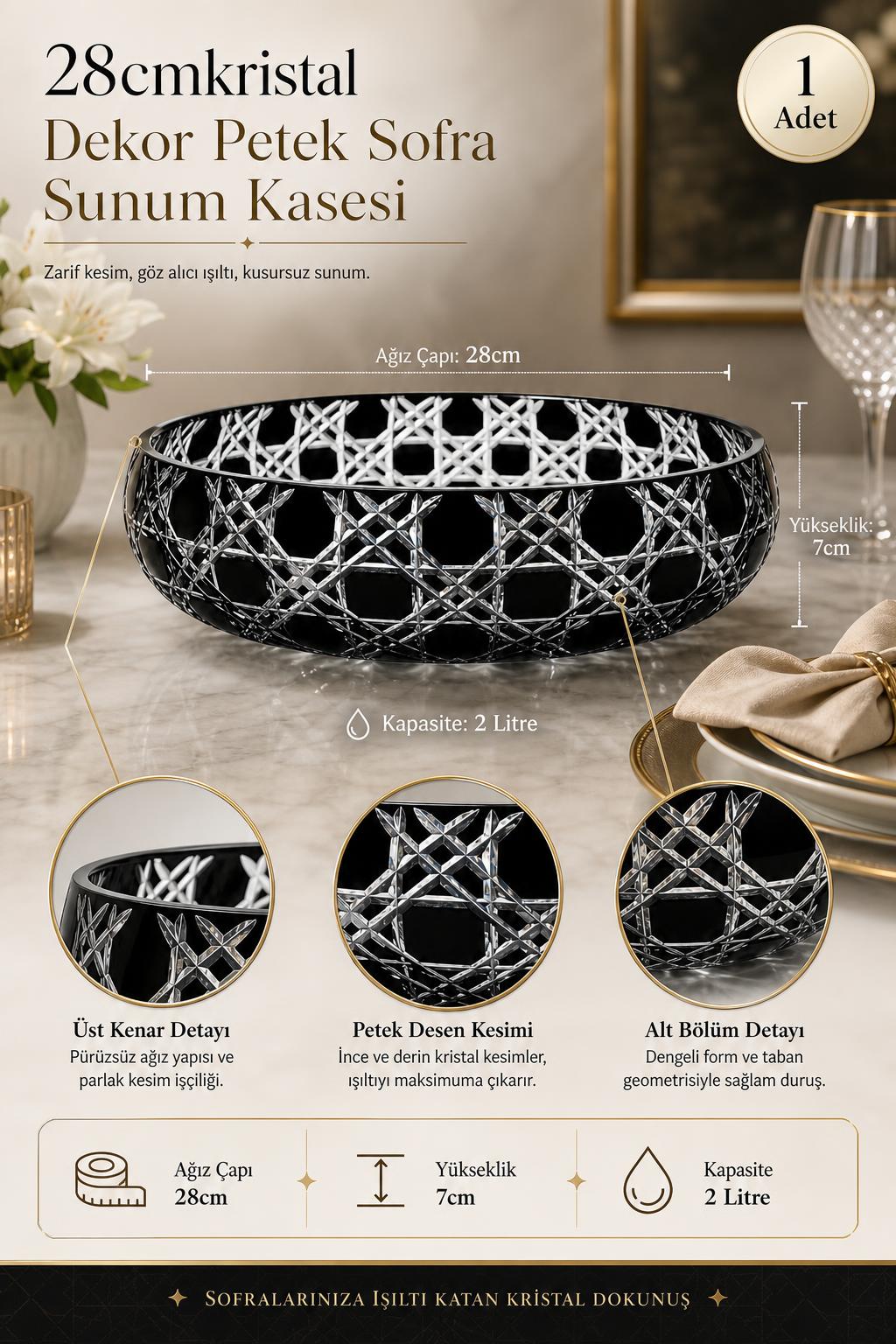 Kristal Sofra Sunum Kasesi 28 cm - Petek Desen Dekoratif Kase, 1 Adet