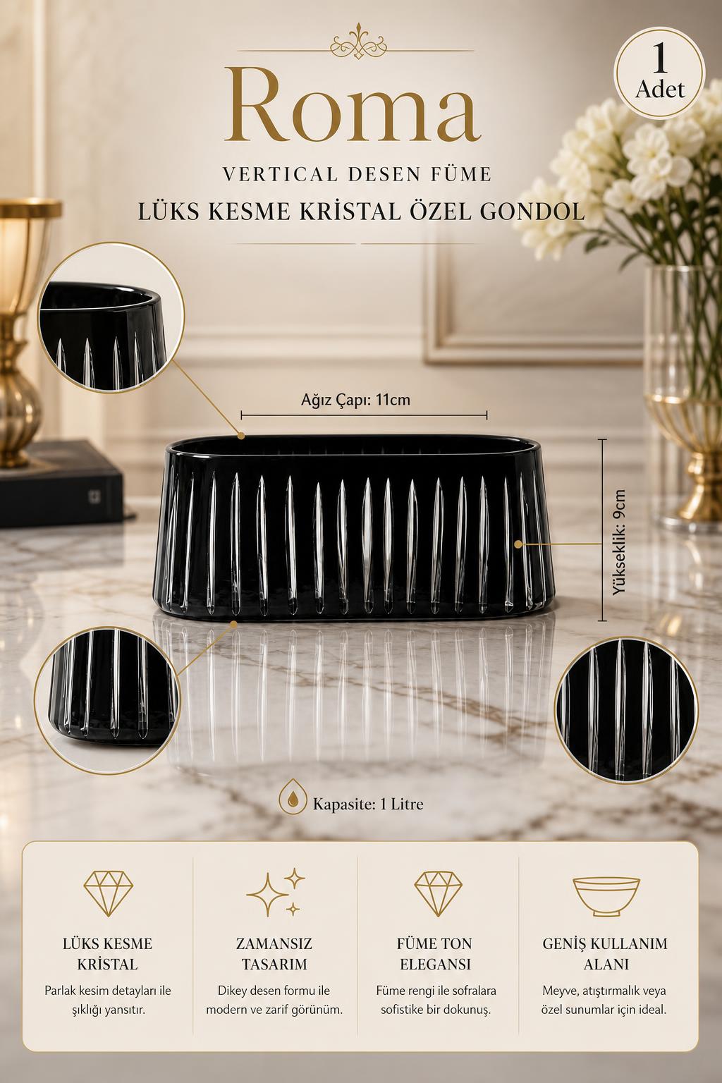 Füme Kesme Kristal Gondol - Roma Vertical Desen Lüks Sunumluk, 1 Adet