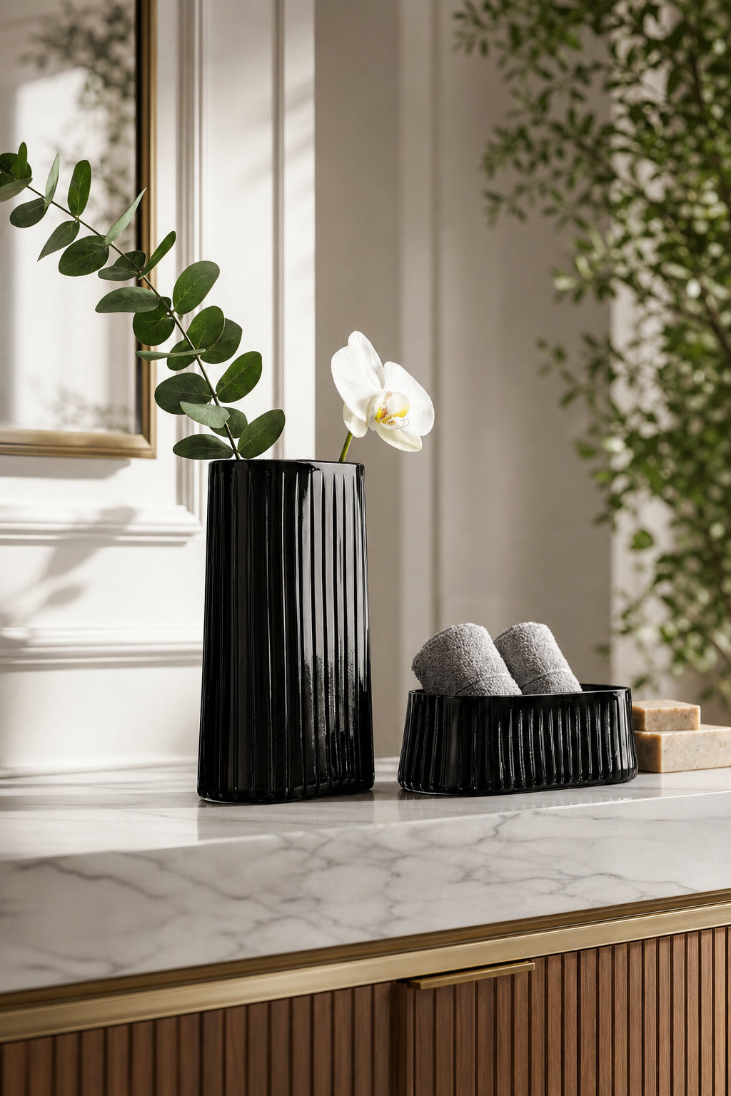 Füme Kesme Kristal Vazo Gondol - Roma Vertical Desen Lüks, 2 Adet