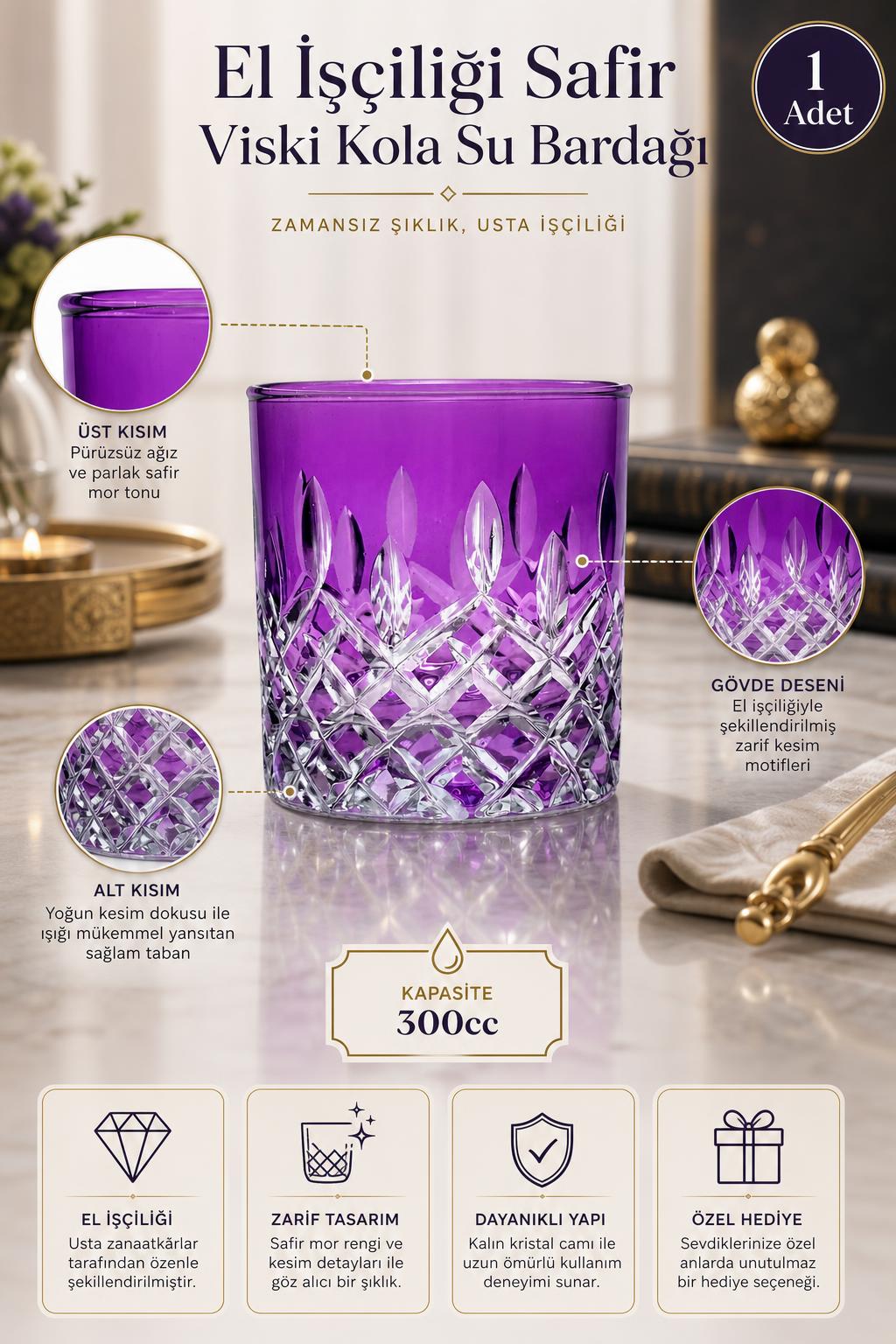 Kristal Viski Bardağı 300 cc - Safir Model Su ve Kola Bardağı, 1 Adet