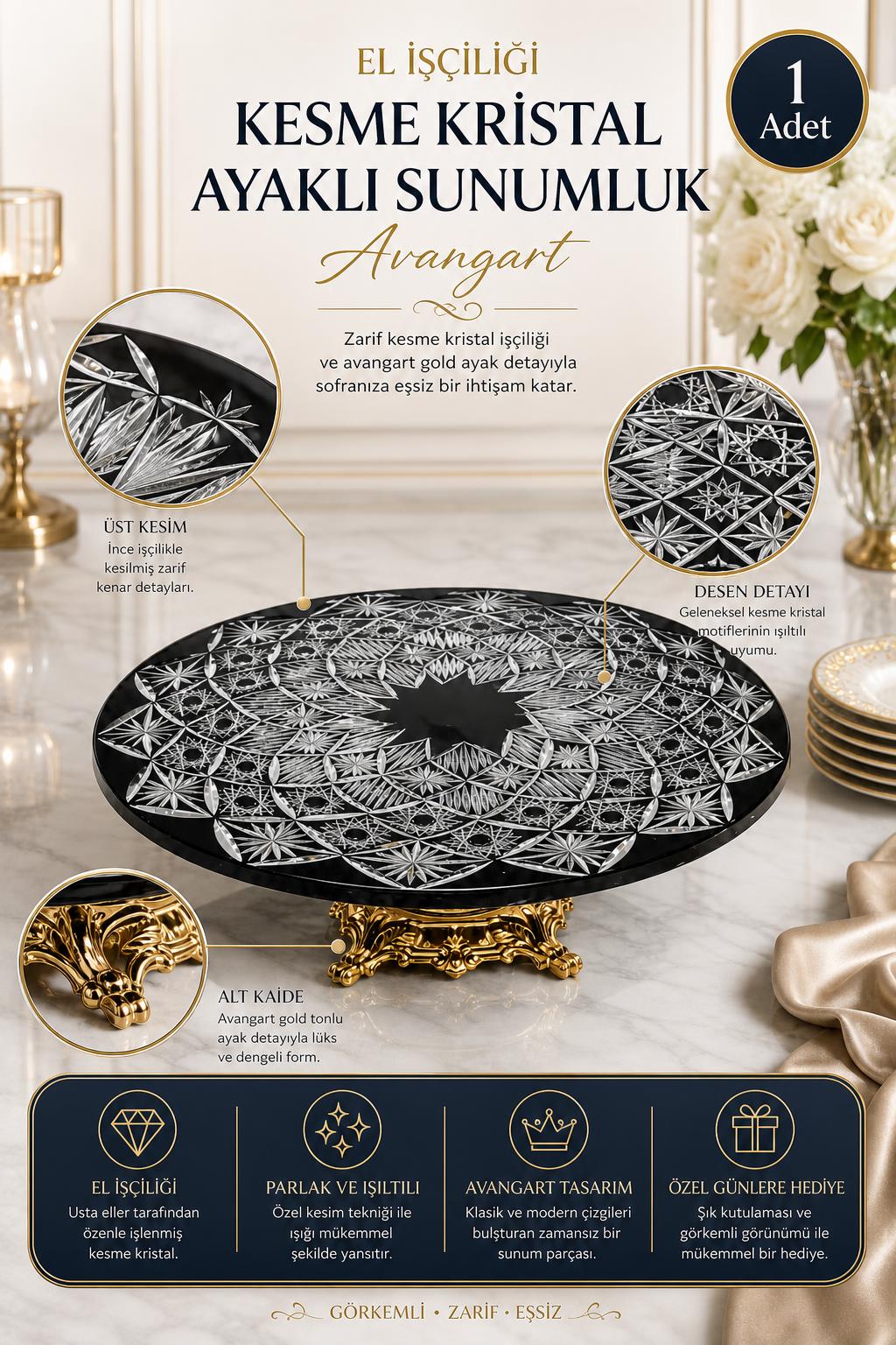 Kesme Kristal Ayaklı Sunumluk - Avangart Model Dekoratif Kase, 1 Adet
