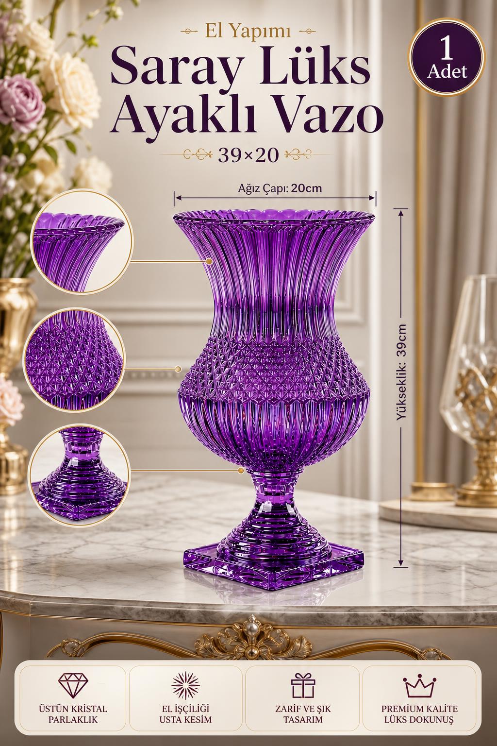 Saray Model Lüks Ayaklı Kristal Vazo 39x20 cm - Dekoratif Salon Vazosu, 1 Adet
