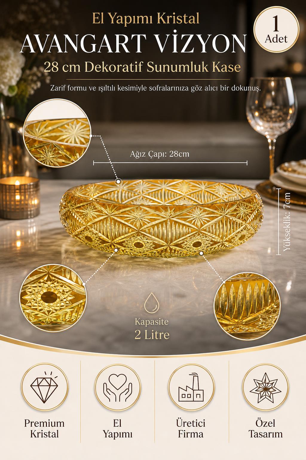 Kristal Sunumluk Kase 28 cm - Avangart Vizyon Dekoratif Sofra Kasesi, 1 Adet
