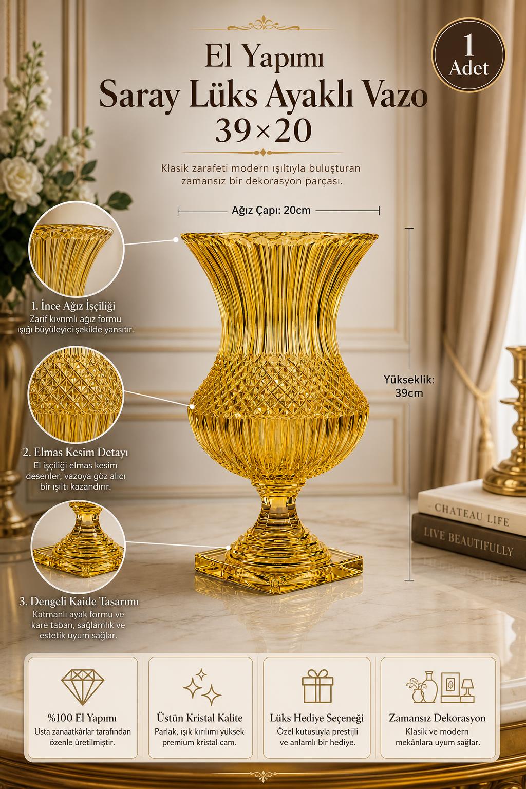 Saray Model Lüks Ayaklı Kristal Vazo 39x20 cm - Dekoratif Salon Vazosu, 1 Adet