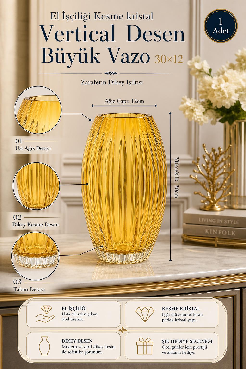 Kesme Kristal Vazo 30x12 cm - Vertical Desen Büyük Boy Dekoratif Vazo, 1 Adet