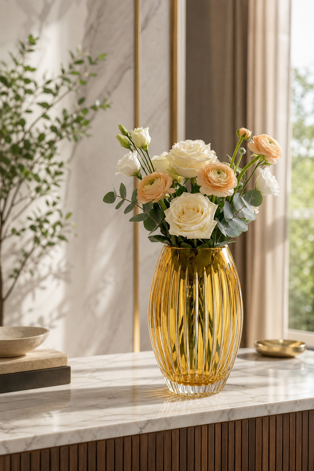 Kesme Kristal Vazo 30x12 cm - Vertical Desen Büyük Boy Dekoratif Vazo, 1 Adet