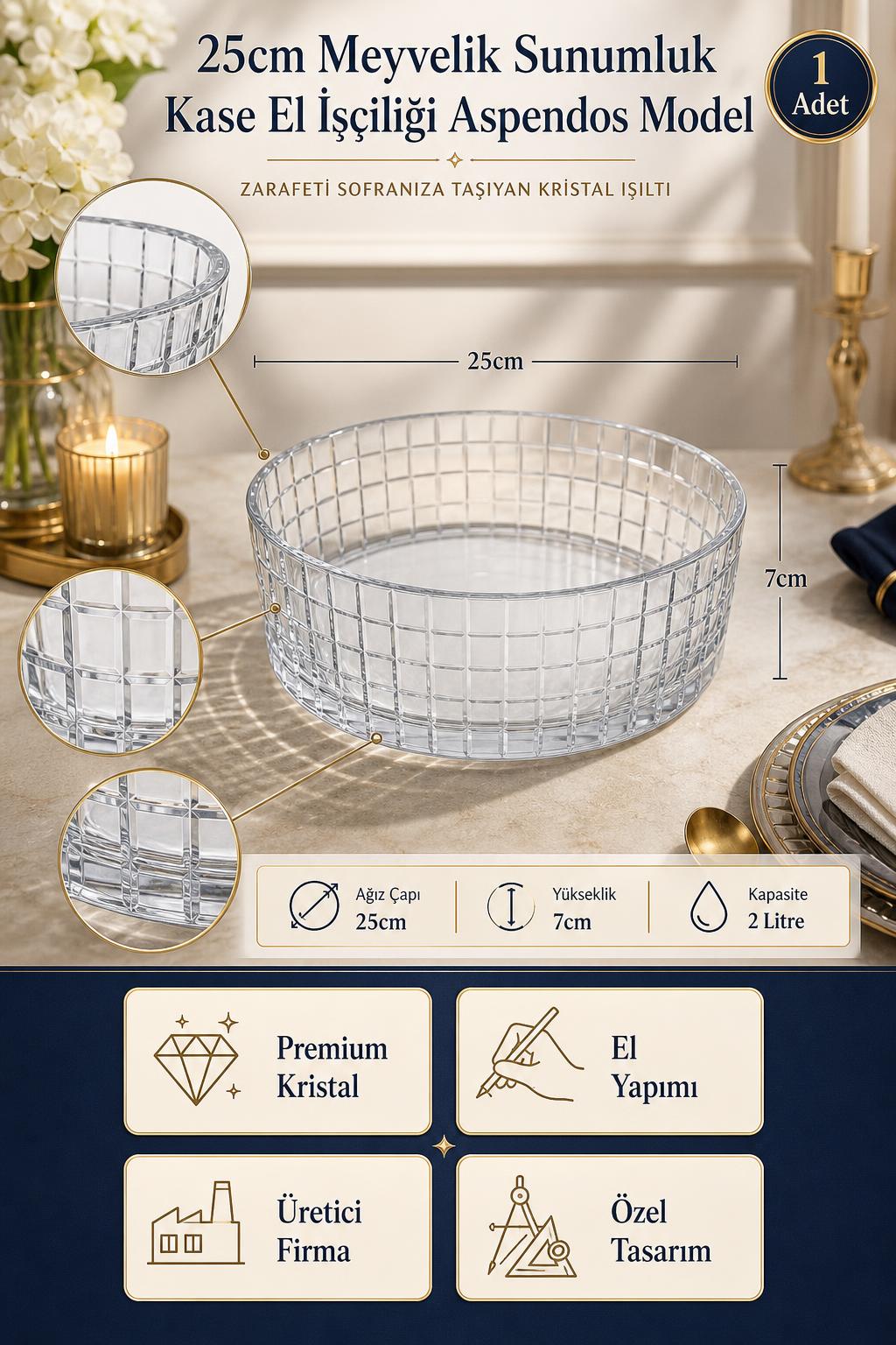 Kristal Meyvelik 25 cm - Aspendos Model Sunumluk Kase, 1 Adet