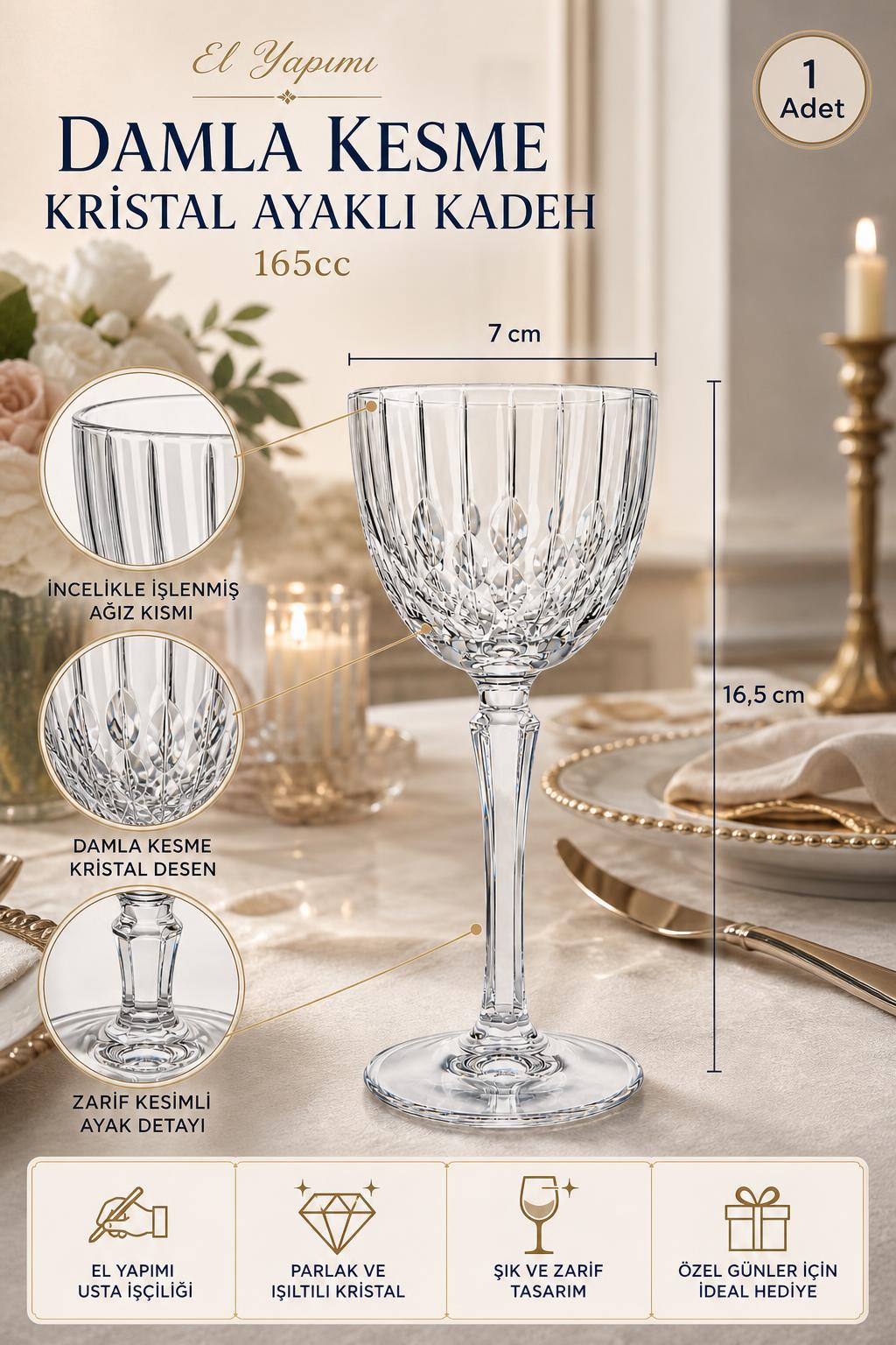Kesme Kristal Ayaklı Kadeh 165 cc - Damla Desen Lüks Kadeh, 1 Adet