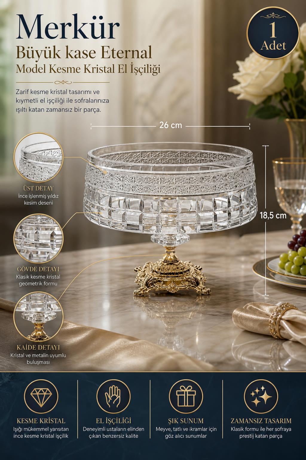 Kesme Kristal Büyük Kase - Merkür Eternal Model Sunumluk, 1 Adet