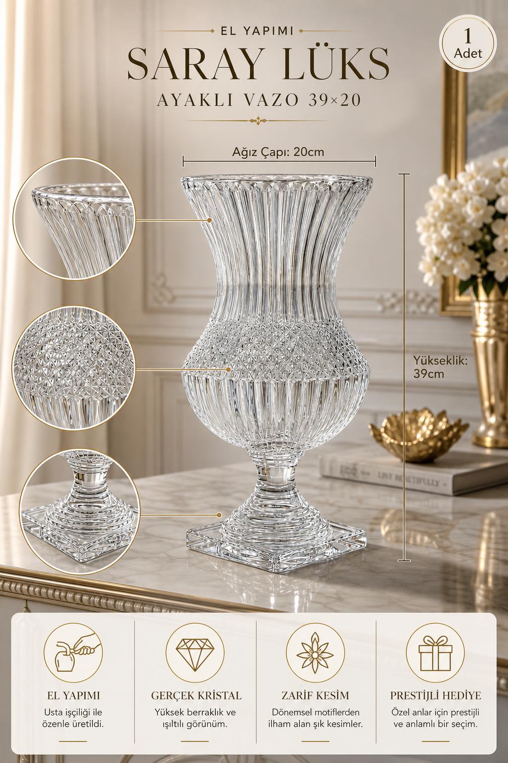 Saray Model Lüks Ayaklı Kristal Vazo 39x20 cm - Dekoratif Salon Vazosu, 1 Adet