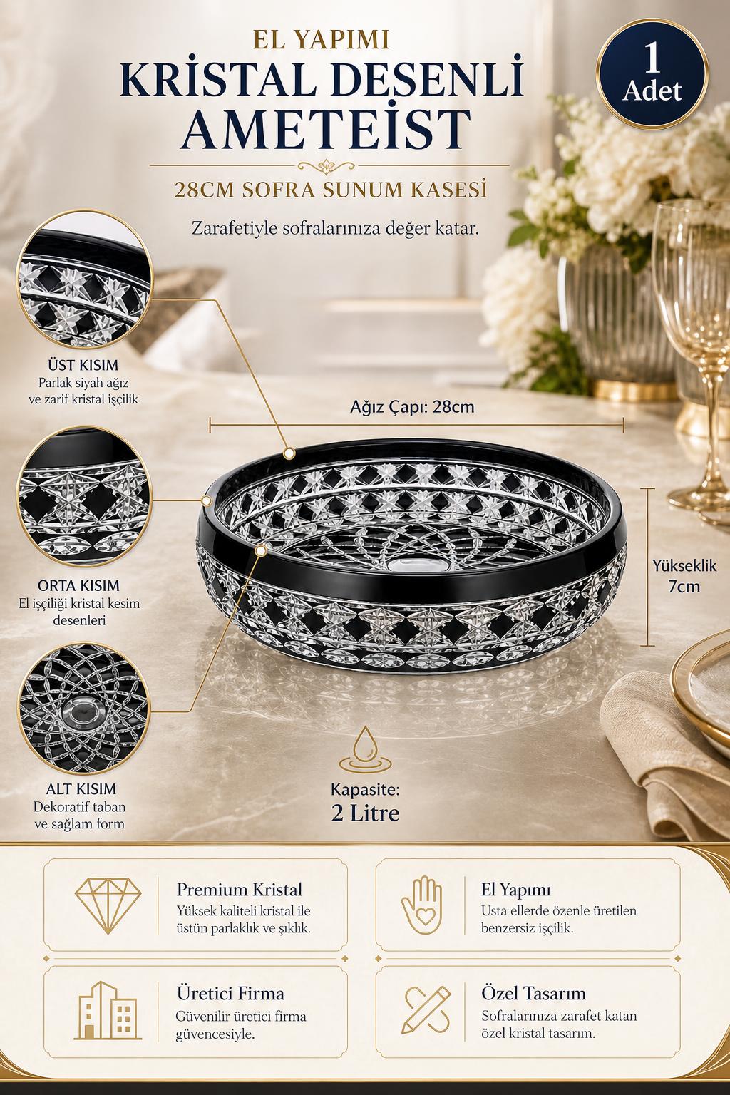 Kristal Sunum Kasesi 28 cm - Ametist Desenli Dekoratif Sofra Kasesi, 1 Adet
