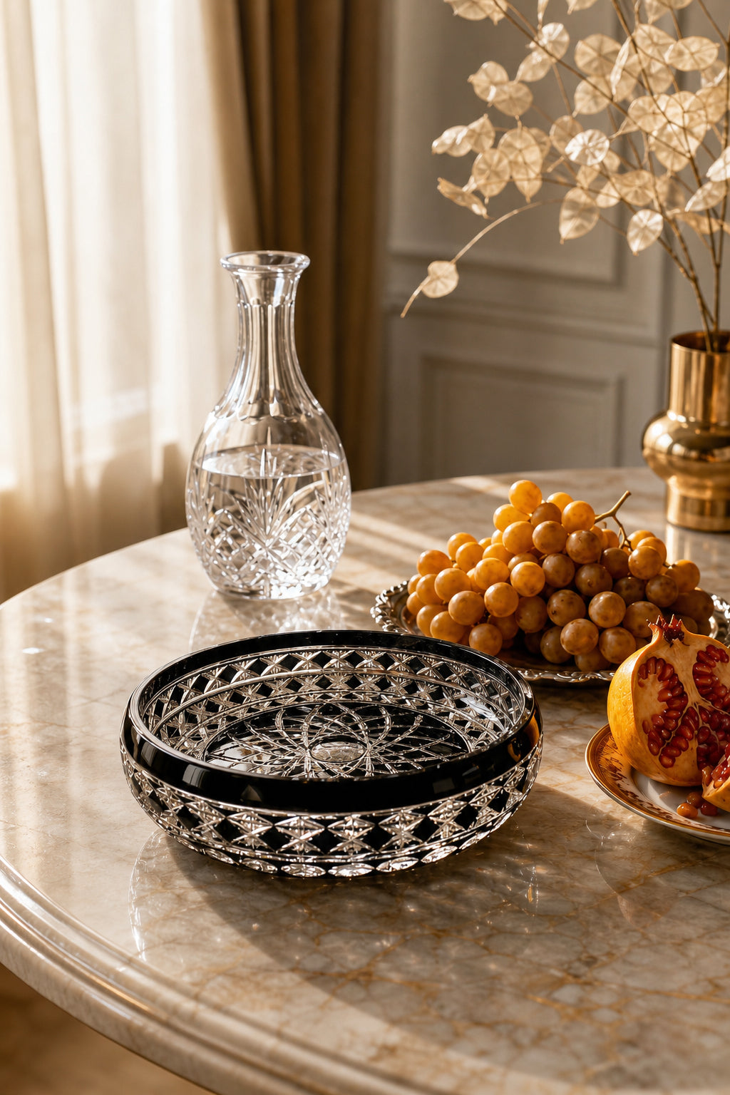 Kristal Sunum Kasesi 28 cm - Ametist Desenli Dekoratif Sofra Kasesi, 1 Adet