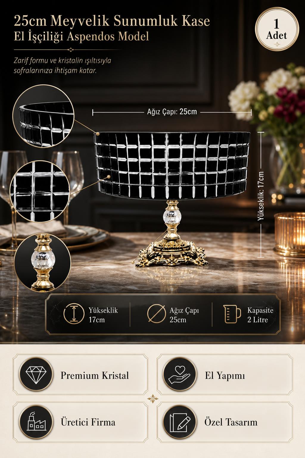 Kristal Meyvelik 25 cm - Aspendos Model Sunumluk Kase, 1 Adet