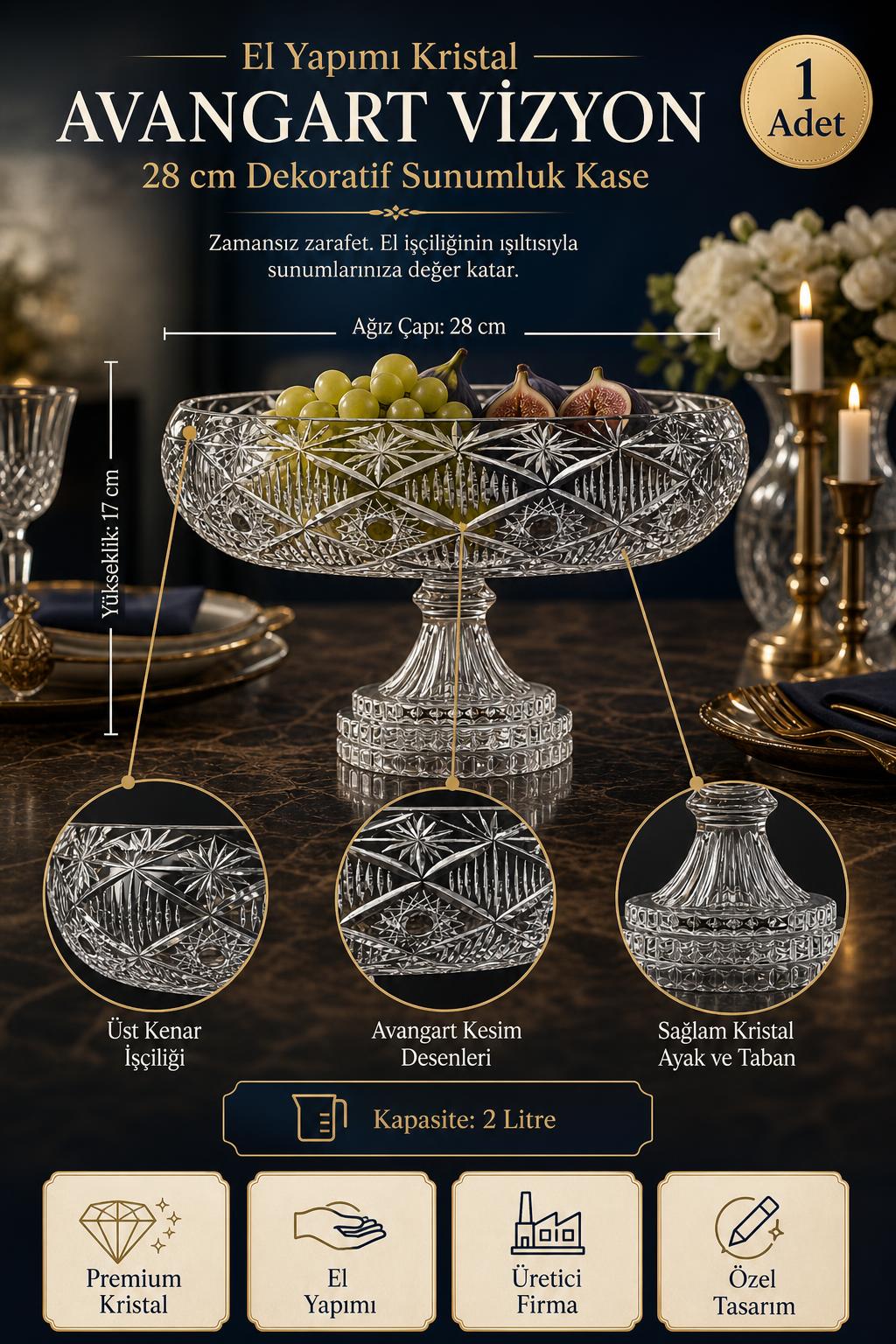 Kristal Sunumluk Kase 28 cm - Avangart Vizyon Dekoratif Sofra Kasesi, 1 Adet