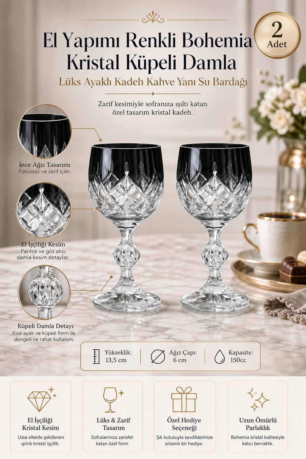 Bohemia Renkli Kristal Ayaklı Kadeh 150 ml - Küpeli Damla Kahve Yanı Su Bardağı, 2 Adet