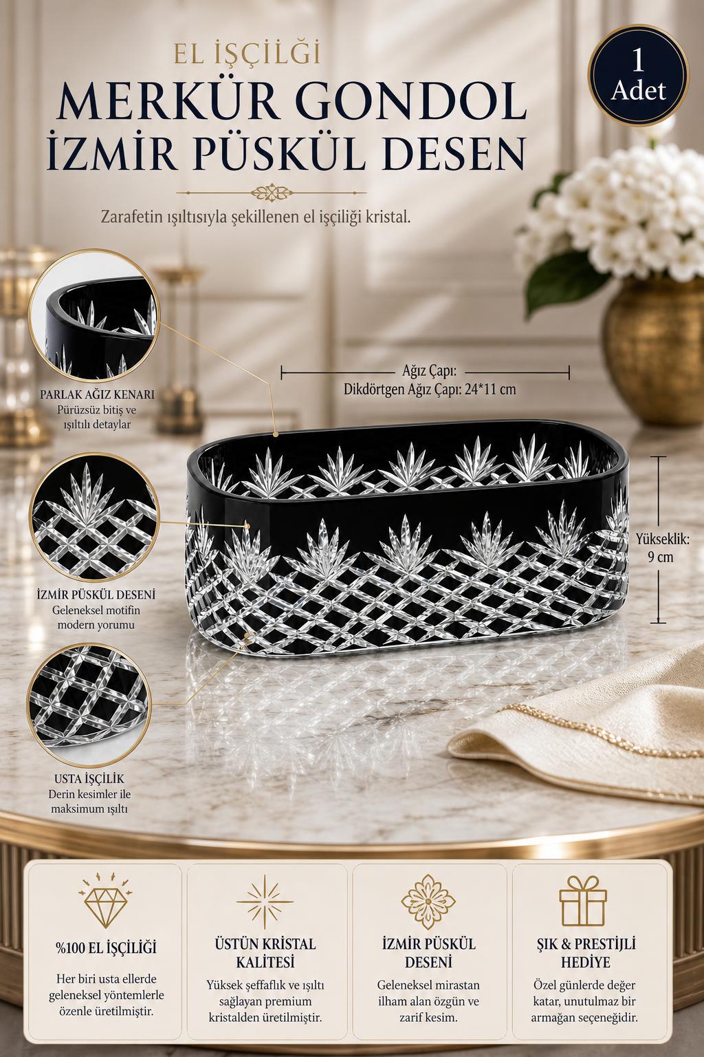 Kristal Gondol - Merkür İzmir Püskül Desen Dekoratif Sunumluk, 1 Adet