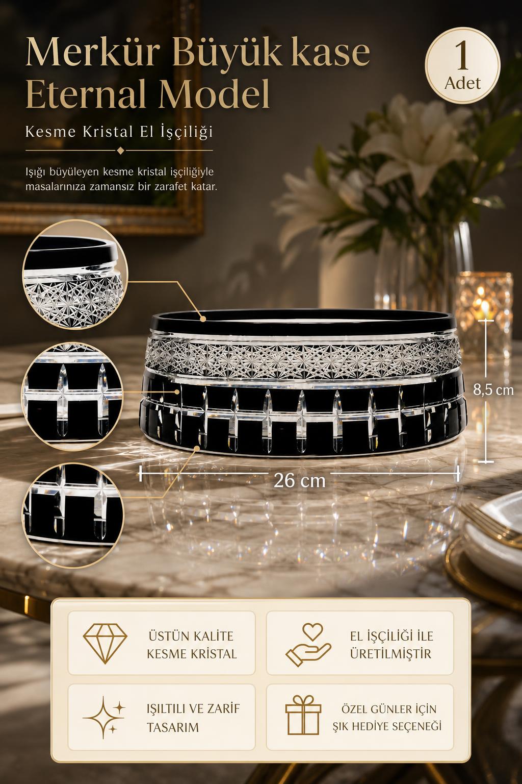 Kesme Kristal Büyük Kase - Merkür Eternal Model Sunumluk, 1 Adet