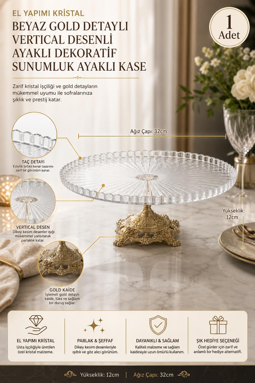 Beyaz Gold Detaylı Kristal Ayaklı Sunumluk Kase - Vertical Desenli Dekoratif, 1 Adet