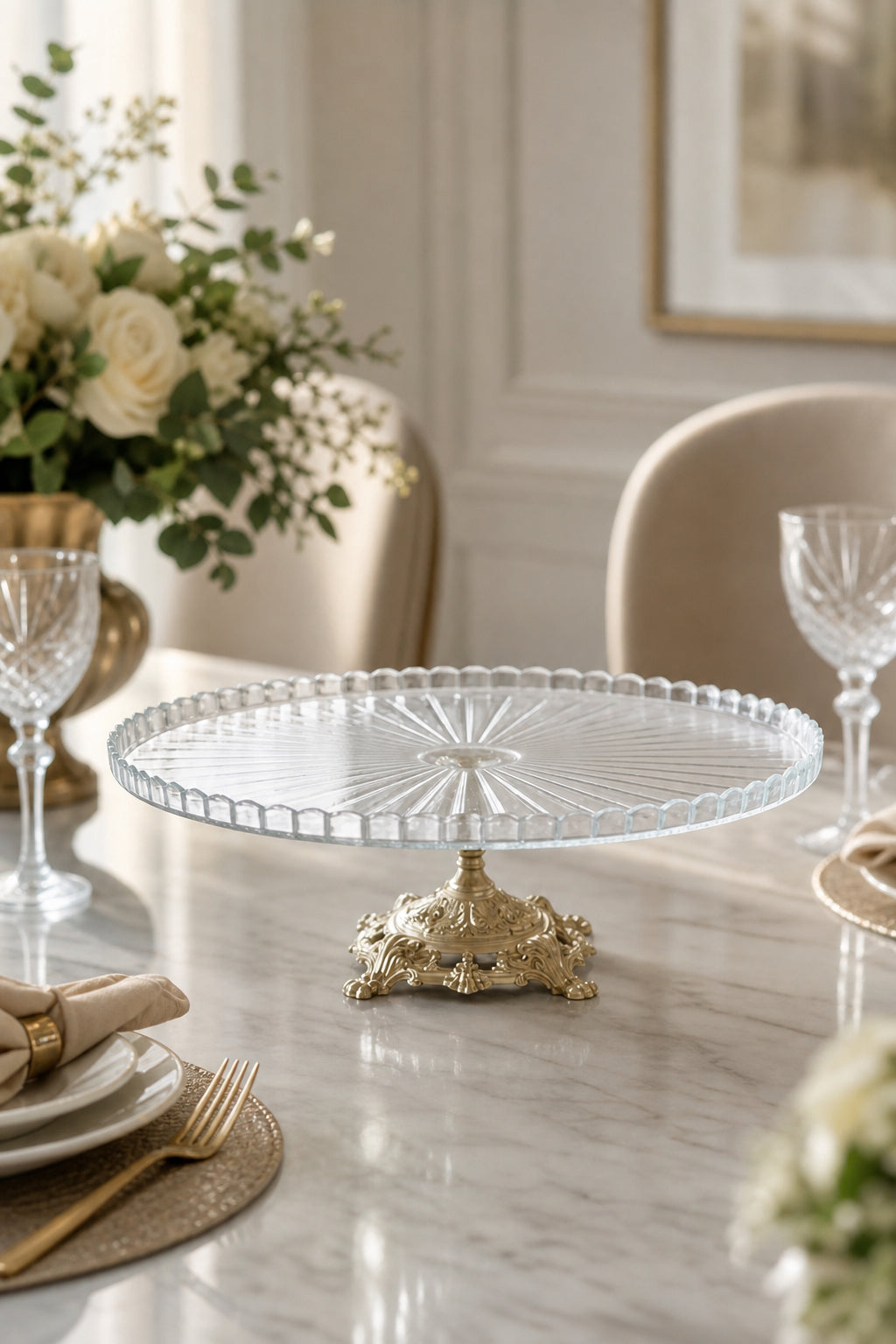 Beyaz Gold Detaylı Kristal Ayaklı Sunumluk Kase - Vertical Desenli Dekoratif, 1 Adet