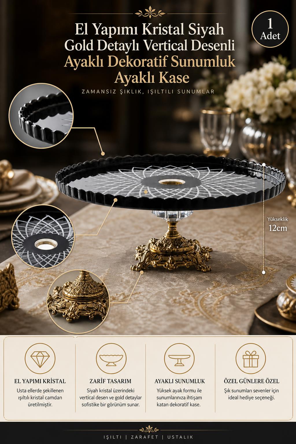 Siyah Gold Detaylı Kristal Ayaklı Sunumluk Kase - Vertical Desenli Dekoratif, 1 Adet