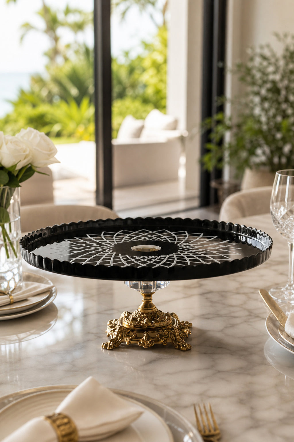 Siyah Gold Detaylı Kristal Ayaklı Sunumluk Kase - Vertical Desenli Dekoratif, 1 Adet