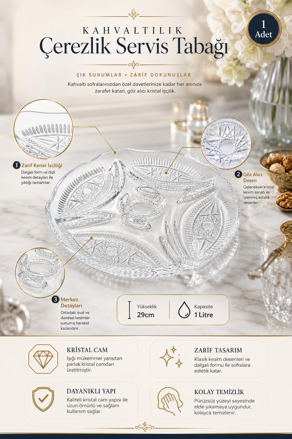 Kristal Servis Tabağı - Kahvaltılık ve Çerezlik Sunum Tabağı, 1 Adet