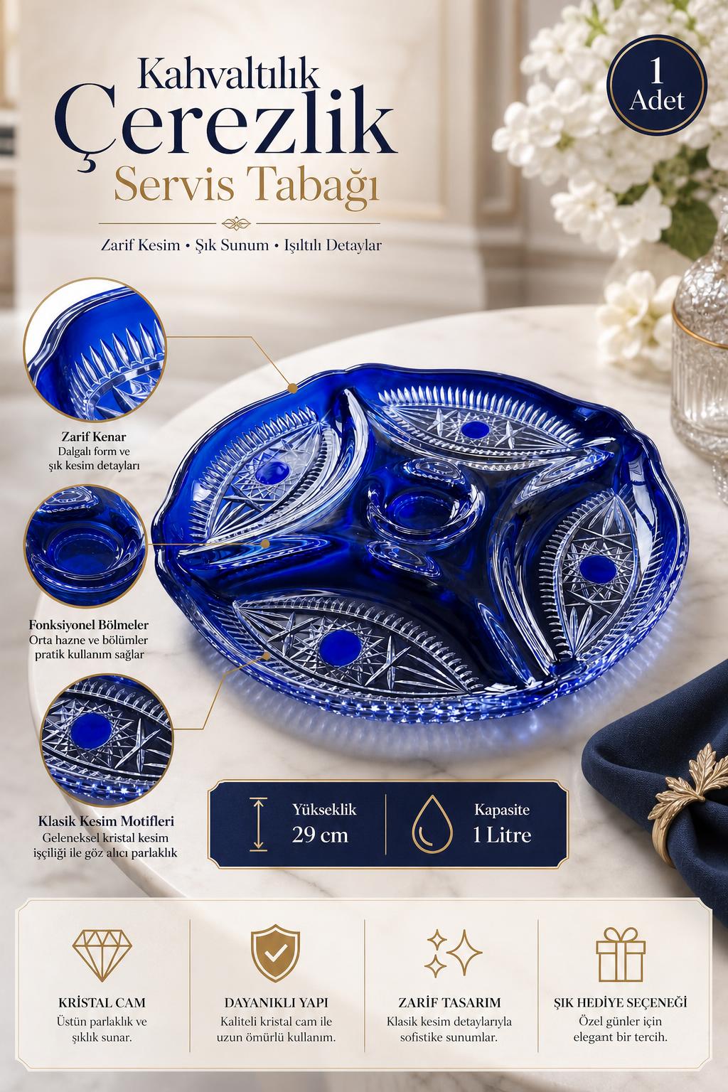 Kristal Servis Tabağı - Kahvaltılık ve Çerezlik Sunum Tabağı, 1 Adet
