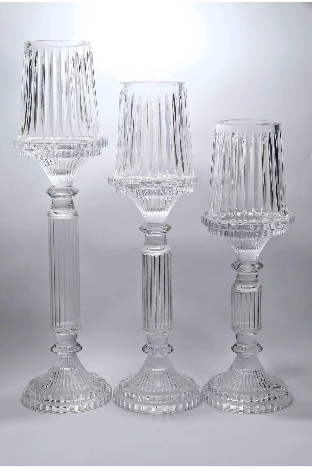 El Yapımı Kristal Desenli Şeffaf Lüks Mumluk Şamdan Set 3'lü Ürün ana görseli