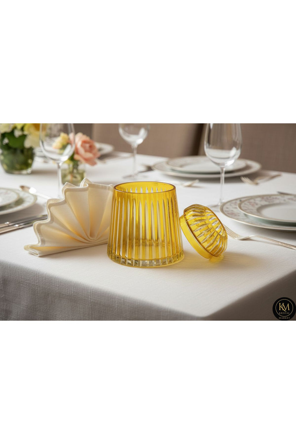 El Yapımı Kesme Kristal Merkür Vertical Desen Dekoratif Sunumluk Kapalı Peçetelik Mumluk Amber