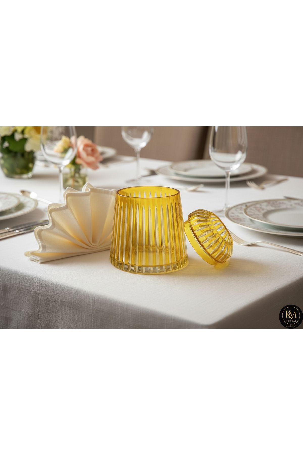 El Yapımı Kesme Kristal Merkür Vertical Desen Dekoratif Sunumluk Kapalı Peçetelik Mumluk Amber