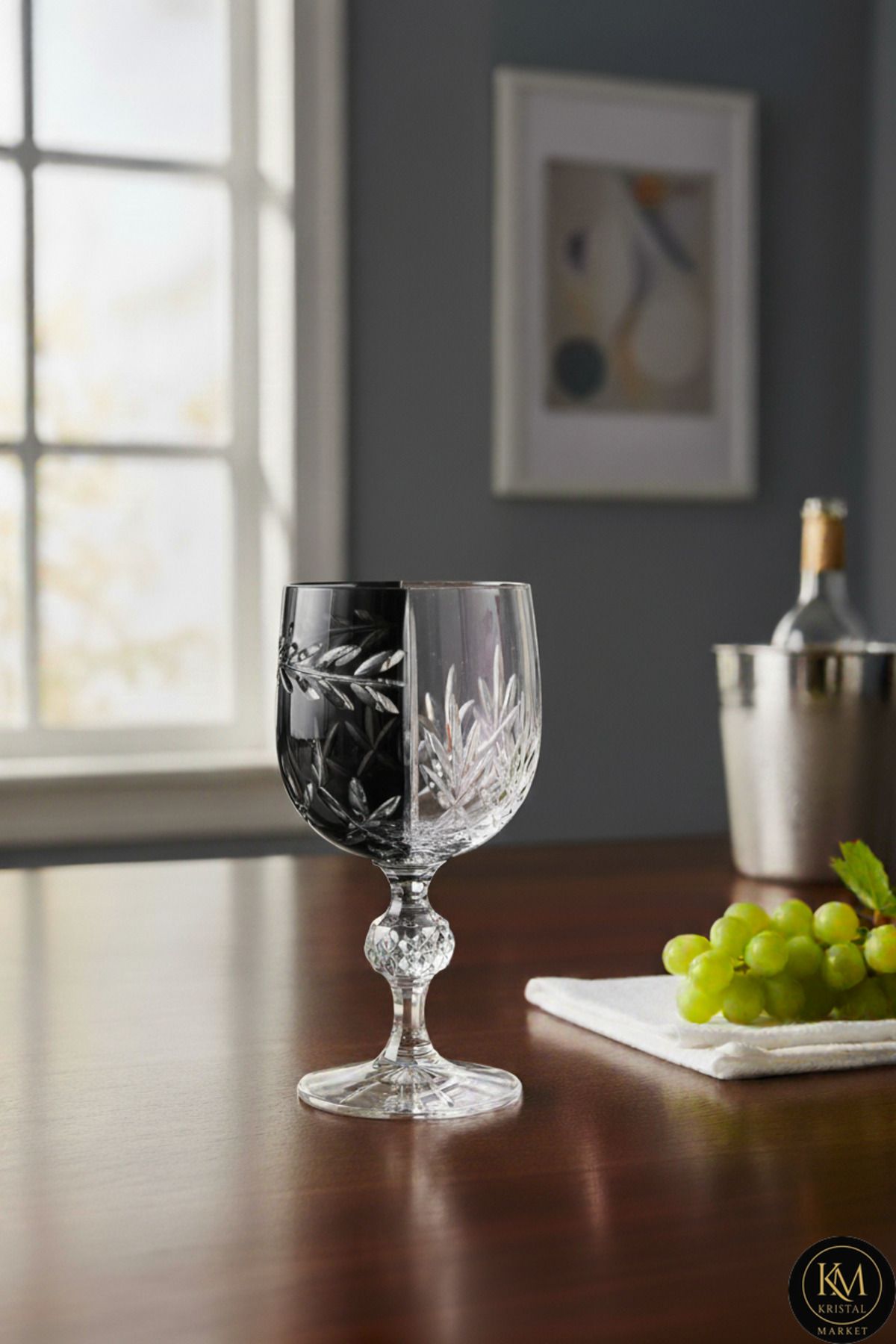 El Yapımı Kristal Bohemia Siyah Çift Renk Dekoratif Sunumluk Ayaklı Kadeh Kahve Yanı Su Bardağı Ürün ana görseli