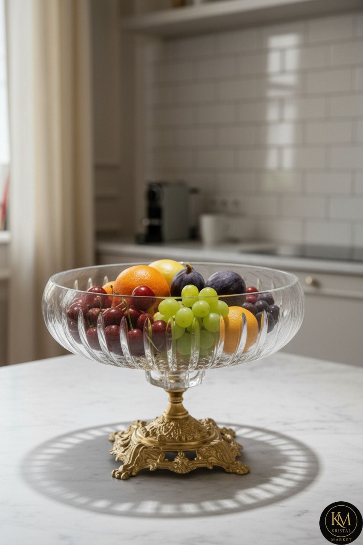 22cm Kesme Kristal Dekor Gold Ayak Cam Kase Vertical Desen Ürün ana görseli