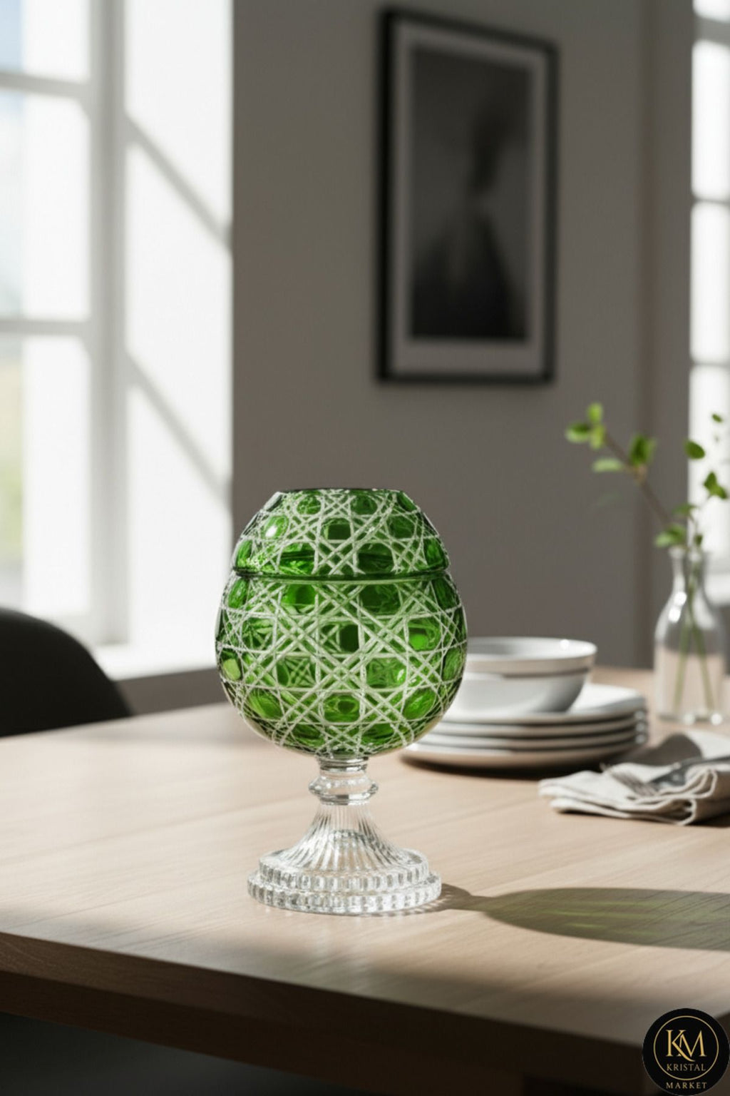 El Yapımı Kristal Kesme Desen Büyük Dekoratif Ayaklı Peçetelik Mumluk