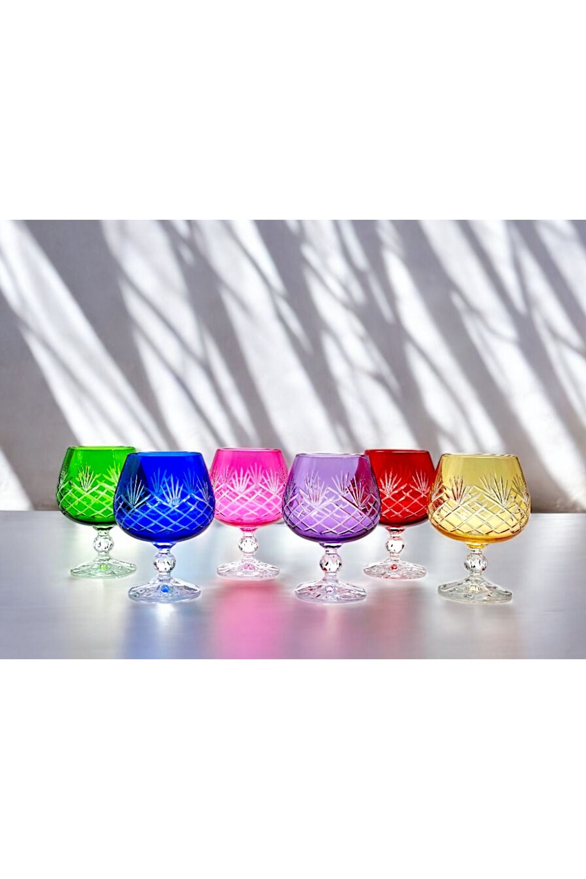 El Yapımı Kristal Bohemia Renkli Dekoratif Sunumluk Ayaklı Kadeh Kahve Yanı Su Bardağı Set 6'lı Ürün ikincil görseli