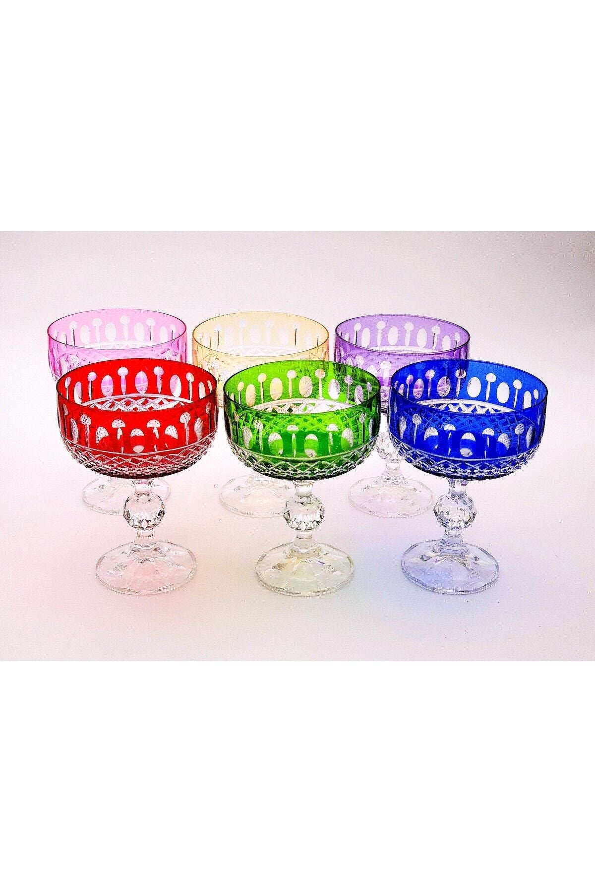 El Yapımı Kristal Bohemia Lüks Royal Desen 200ml Dekoratif Sunumluk Ayaklı Dondurmalık Kase Set 6'lı