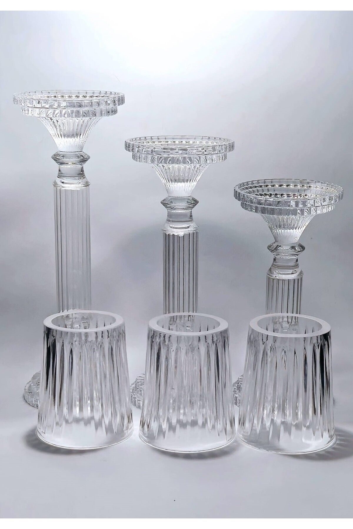 El Yapımı Kristal Desenli Şeffaf Lüks Mumluk Şamdan Set 3'lü Ürün ikincil görseli