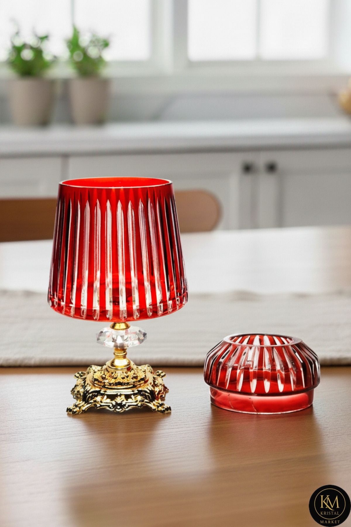 El Yapımı Kesme Kristal Merkür Vertical Desen Dekoratif Sunumluk Kapalı Peçetelik Mumluk Kırmızı Ürün ana görseli